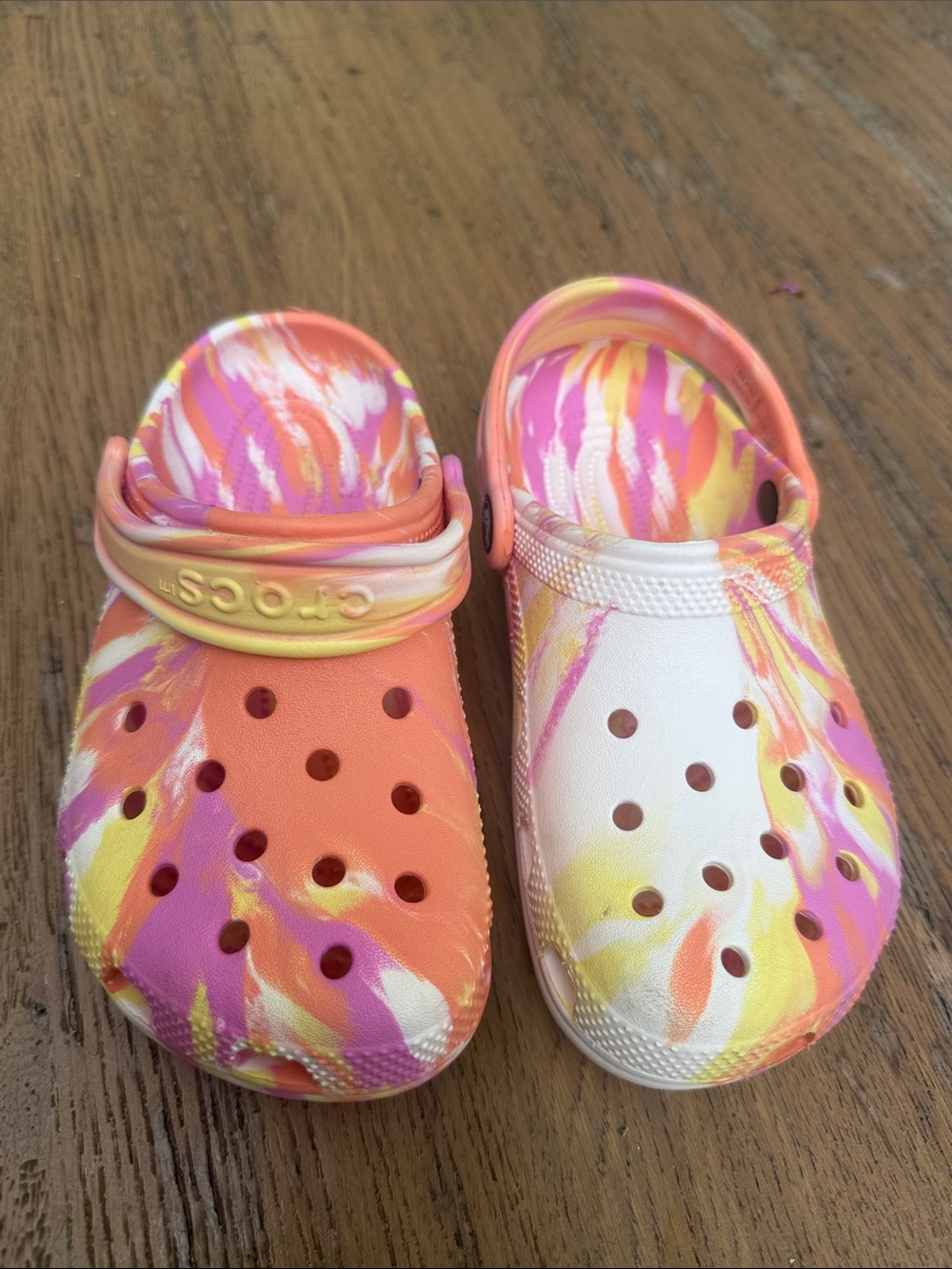 CROCS Kids Tie-Dye Slip-On Clogs in Pink, Orange & Yellow